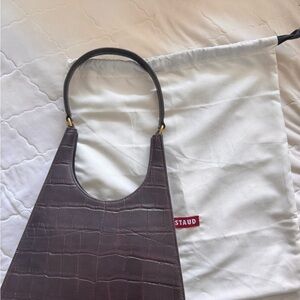 STAUD Dark Brown Croc-Embossed Shoulder Bag